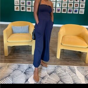 Navy Blue Strapless Jumper with Pockets